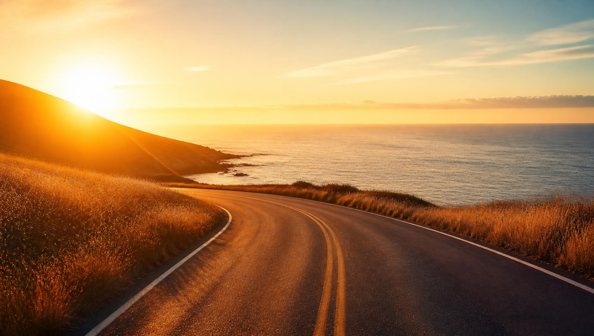 Golden hour light over a quiet coastal road
